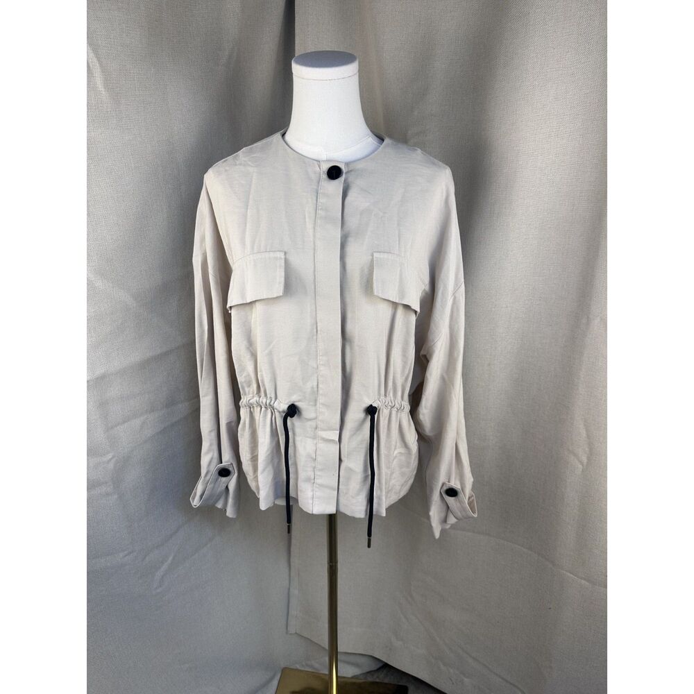 Zara Utility Jacket Beige Drawstring Waist Collarless Women's Medium
